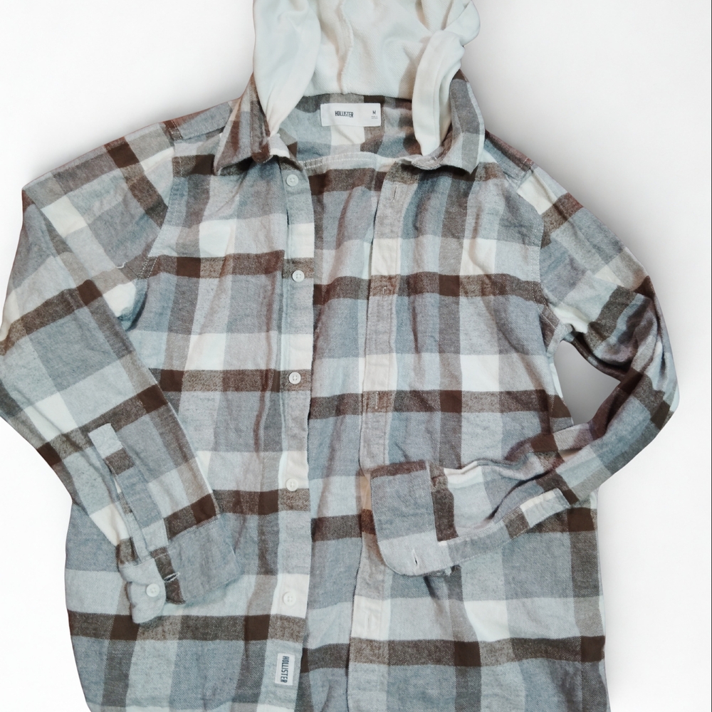 Hollister Plaid Hooded Shirt in White, Gray & Brown